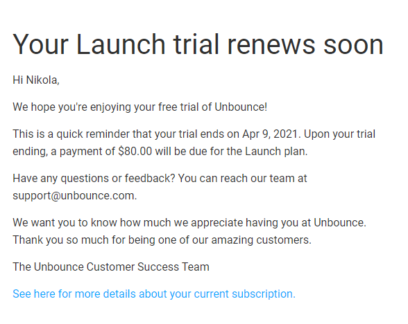 Unbounce free trial email reminder