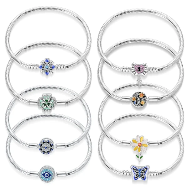 New Silver 925 Original 17-20CM Blue Butterfly Octagonal Star Devil's Eye Bracelets For Women Fit DIY Charms Birthday Jewelry