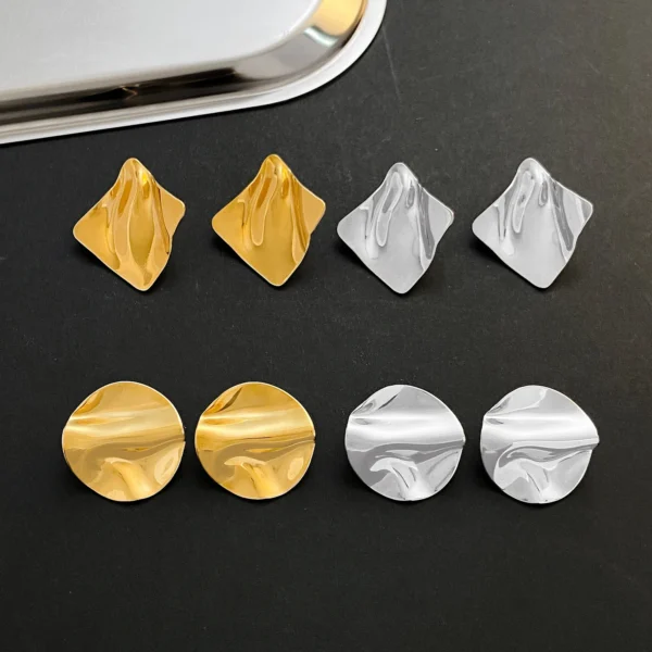 New Stainless Steel Pleated Geometric Earrings For Women Jewelry 2025 Trending Vintage Women's Smooth Gold Color Stud Earrings - Image 3