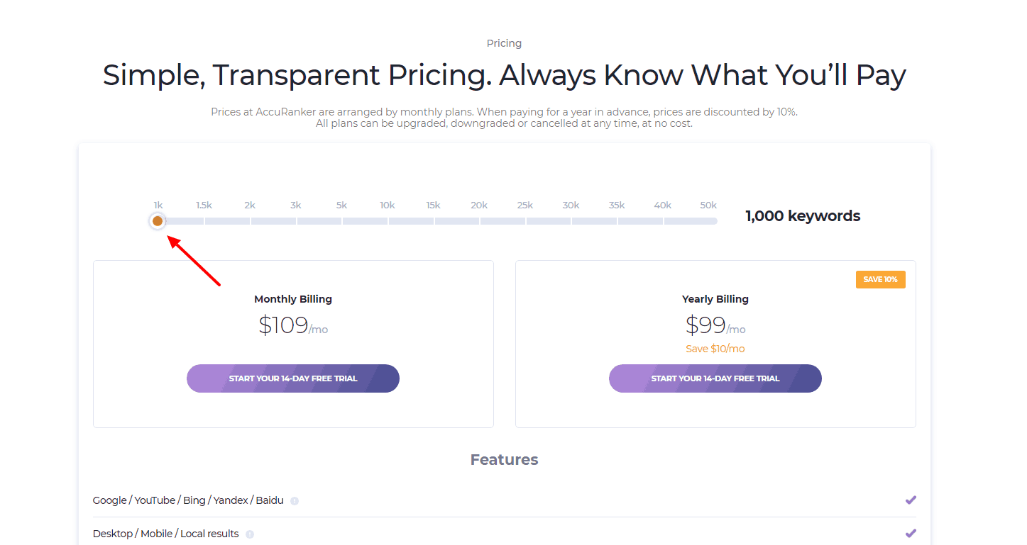 AccuRanker cost for the cheapest plan-tier
