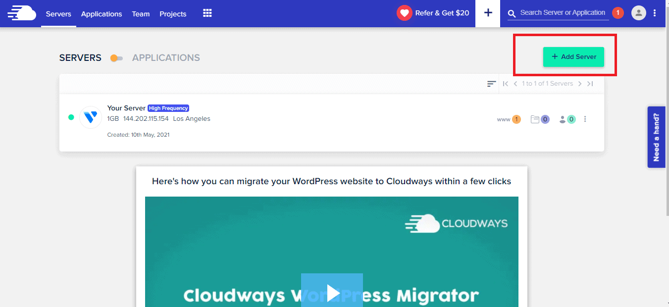 Cloudways, create new server, start 3 day free trial