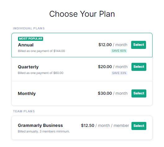 Grammarly pricing without a military discount applied