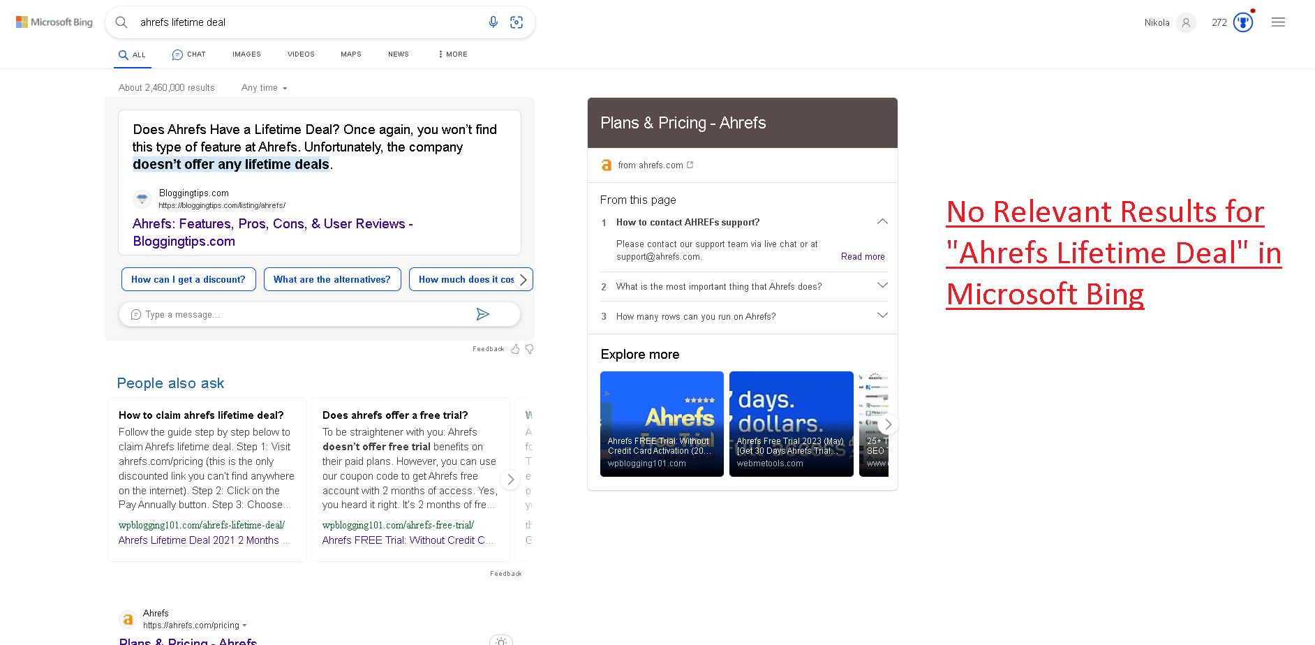 Microsoft Bing shows no results for "Ahrefs lifetime deal" query in Bing