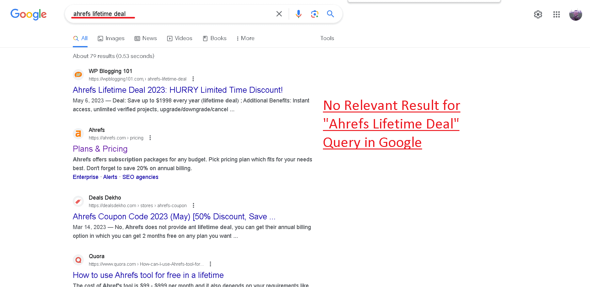 Google has no relevant results for the query "Ahrefs lifetime deal"