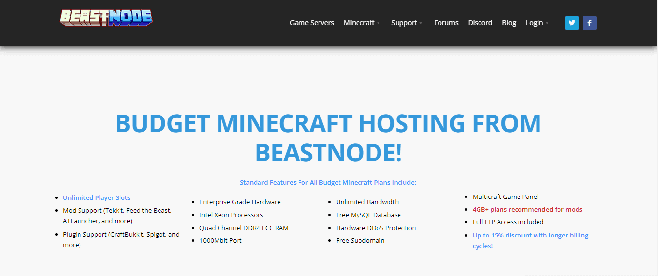 BeastNode budget Minecraft server hosting features