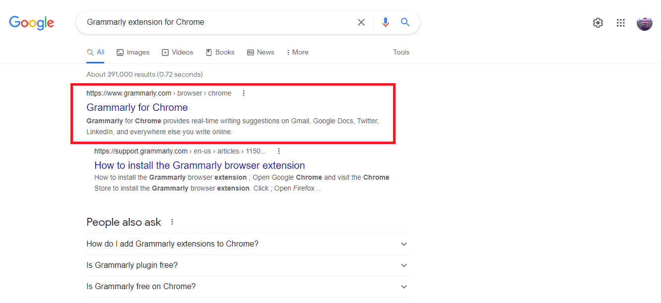 "Grammarly for Chrome" Google search
