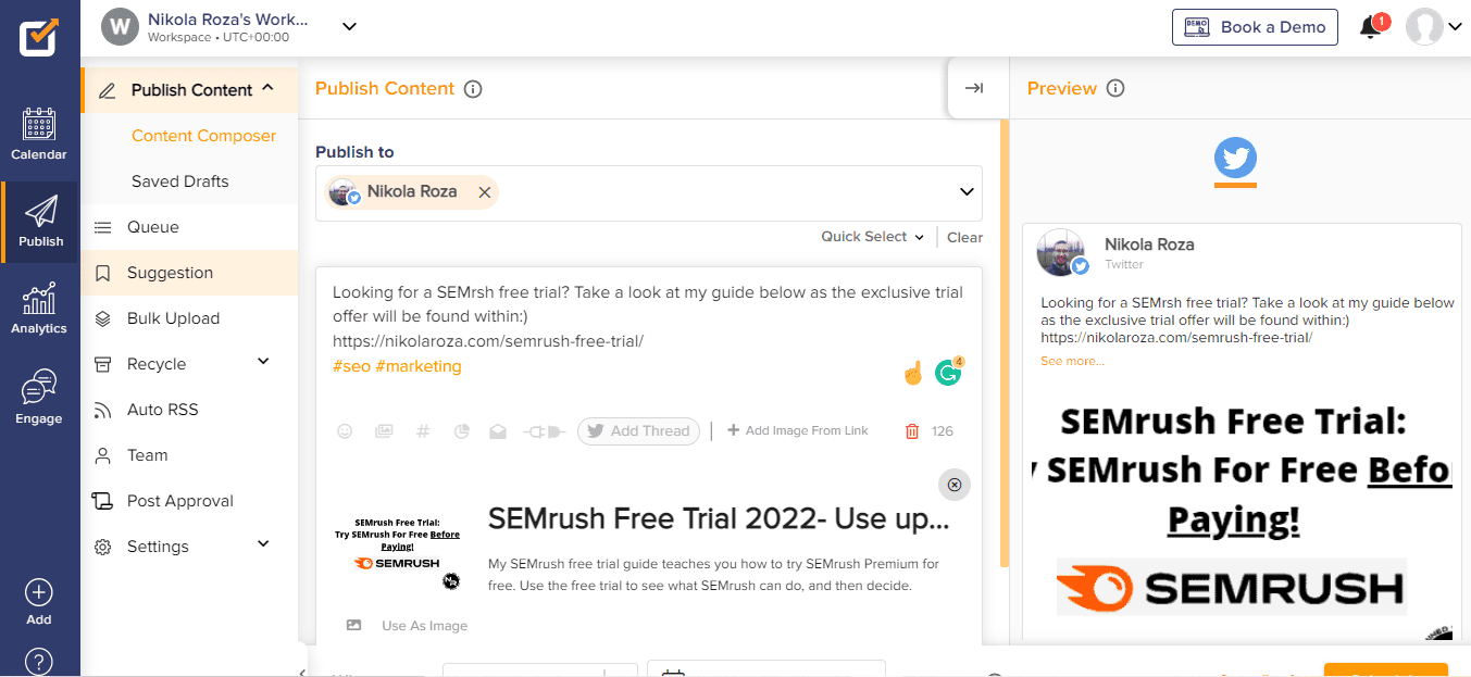 Promoting my SEMrush free trial post with Social Champ