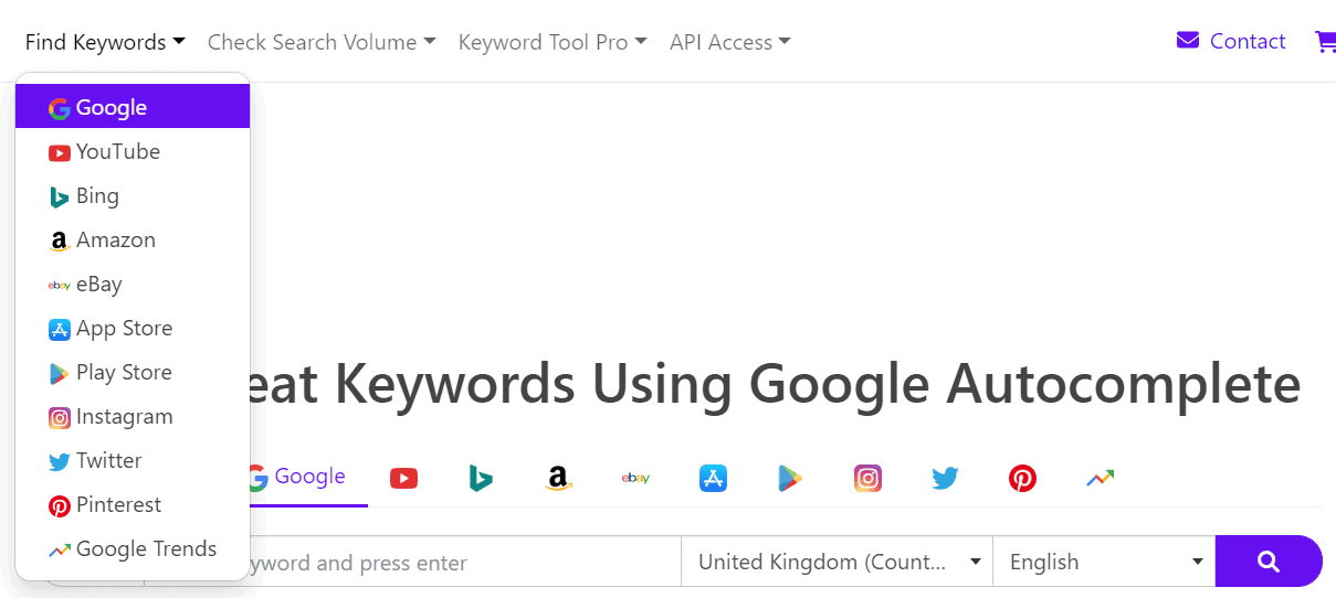 for which platforms you can research keywords in keywordtool.io