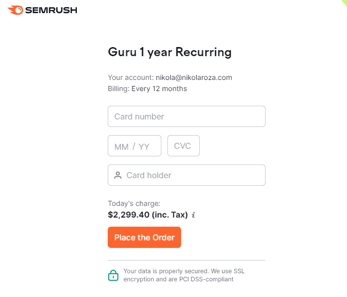 Add your credit card details to activate a new SEMrush account