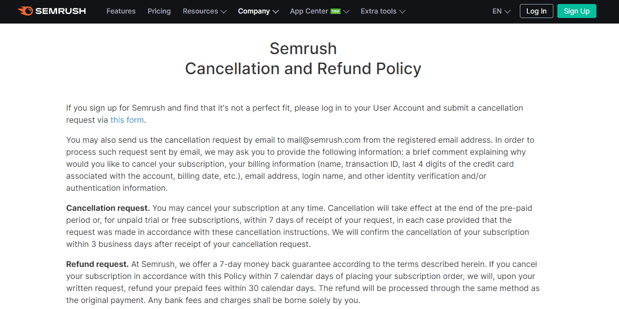 SEMrush cancellation and refund policy
