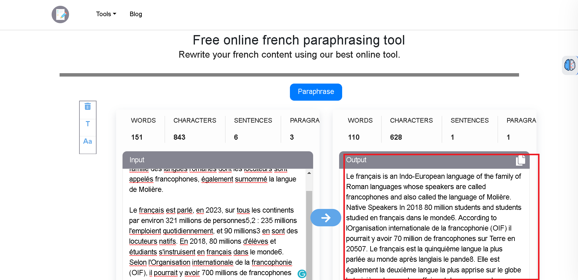 Contenttool.io can paraphrase French language content