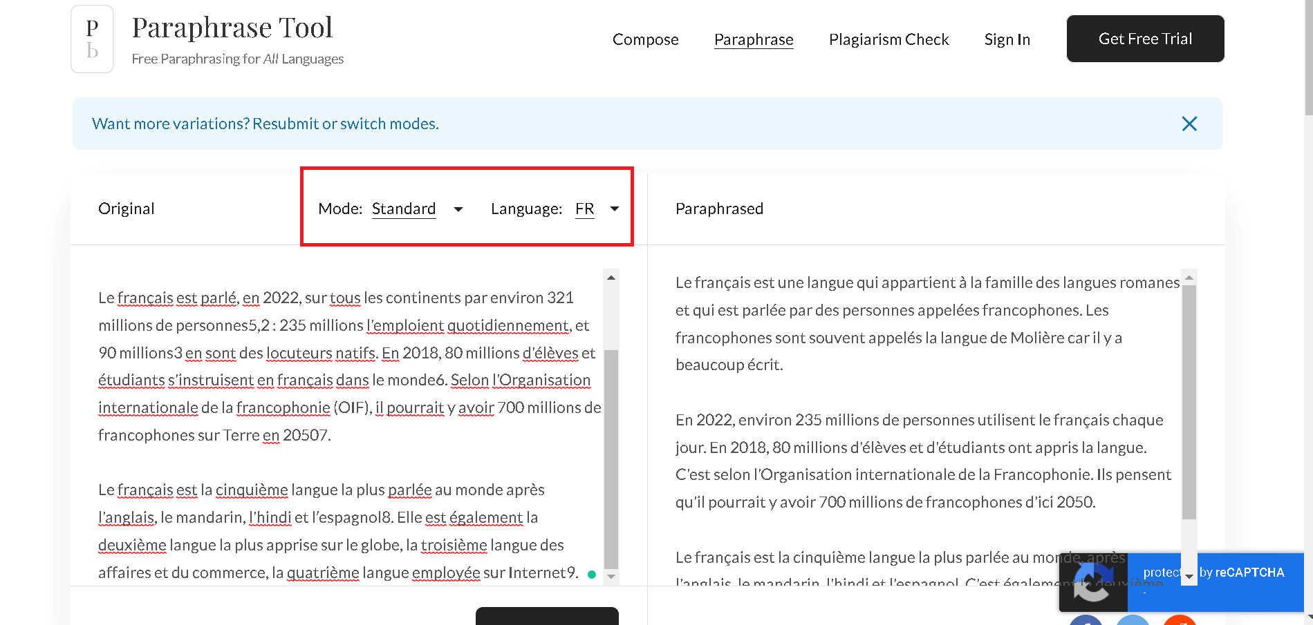 Paraphrase Tool can rephrase French content