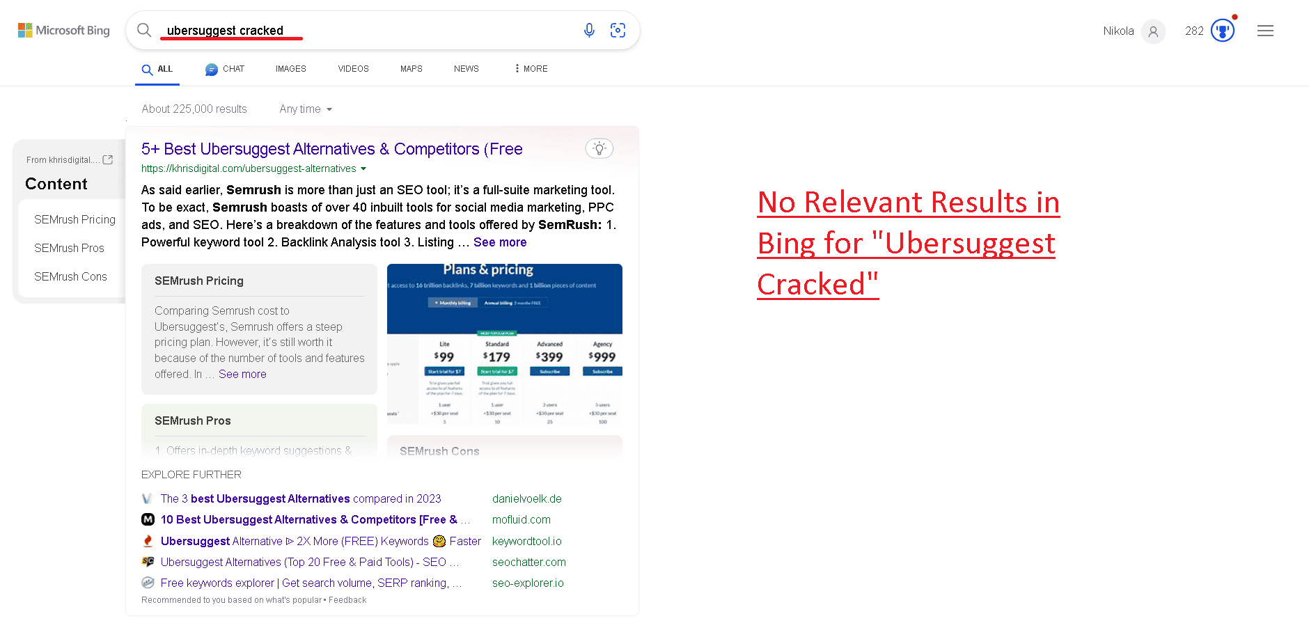 "Ubersuggest cracked" query in Bing shows no good results