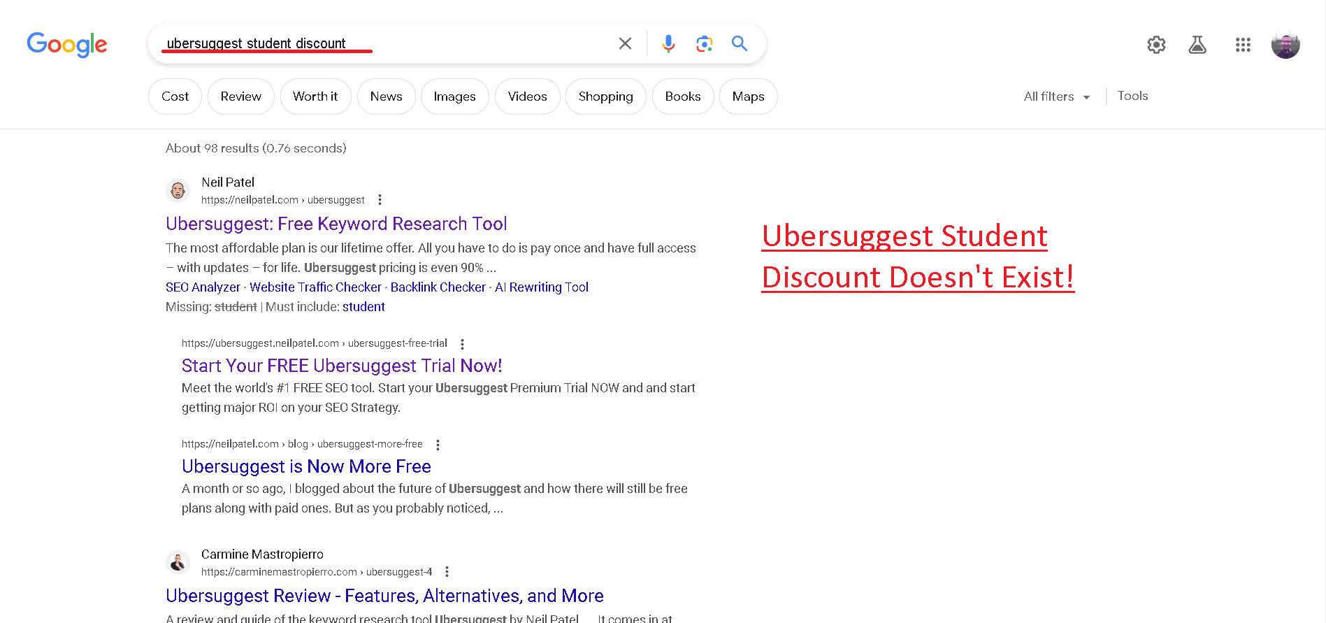 Ubersuggest student discount doesn't exist