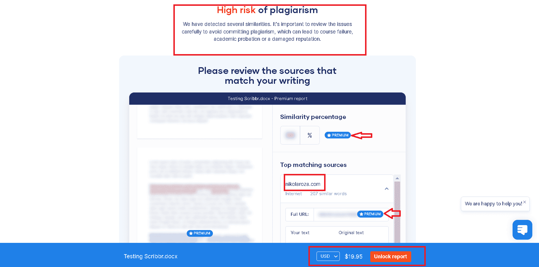 Scribbr free plagiarism checker found duplicate content on a submitted web page