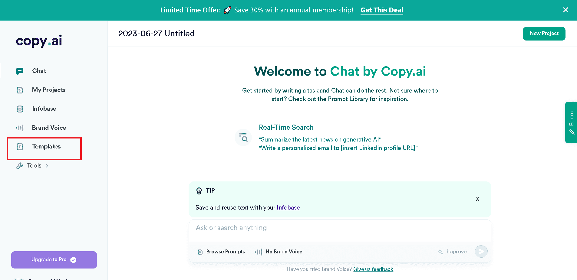 Access the CopyAI chat templates in the left sidebar inside the dashboard