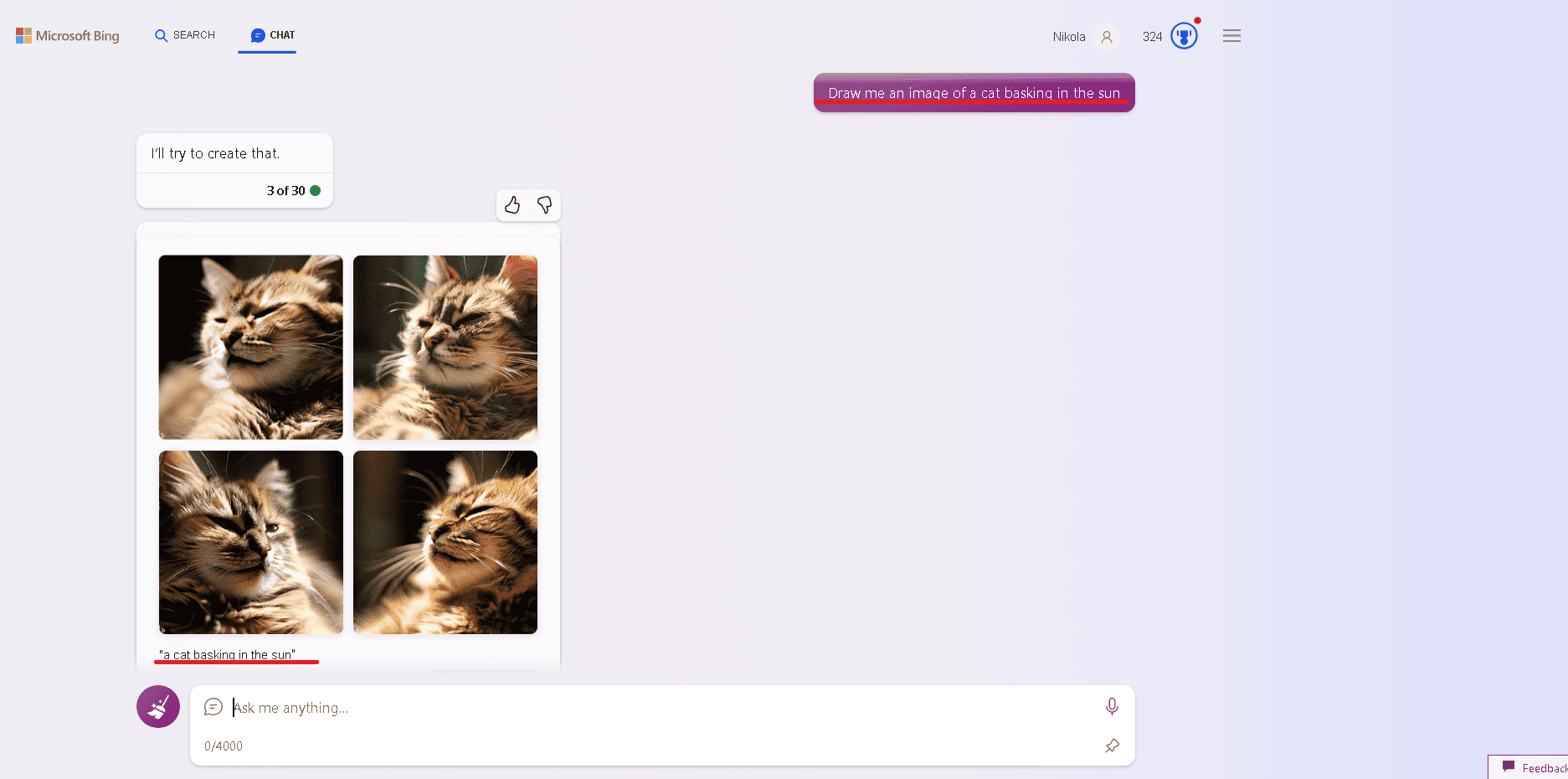 Bing Chat can create images for you. it made an image of a cat for me.