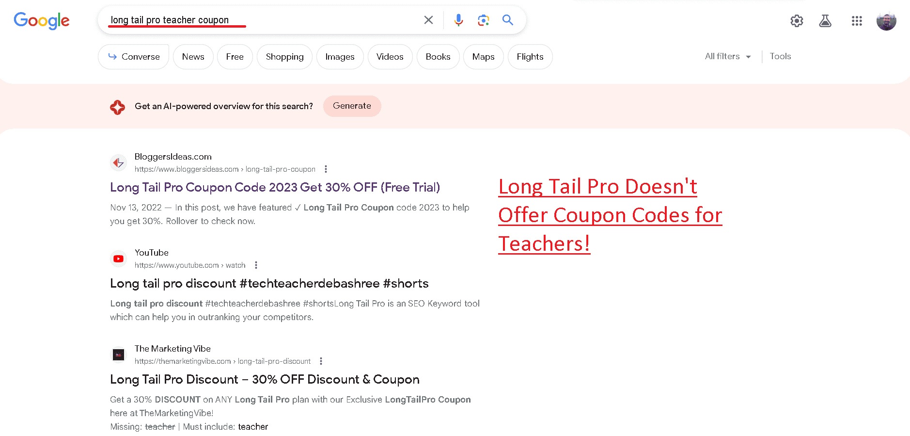 Long Tail Pro doesn't offer coupon codes for teachers
