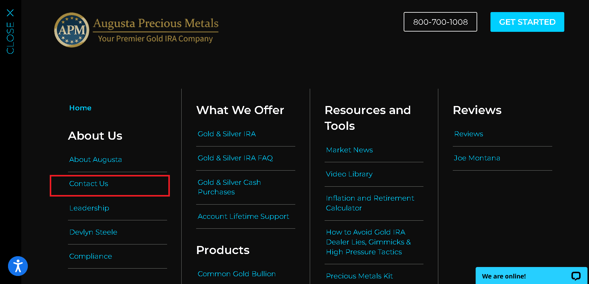 reach the contact us page within the Augusta Precious Metals website