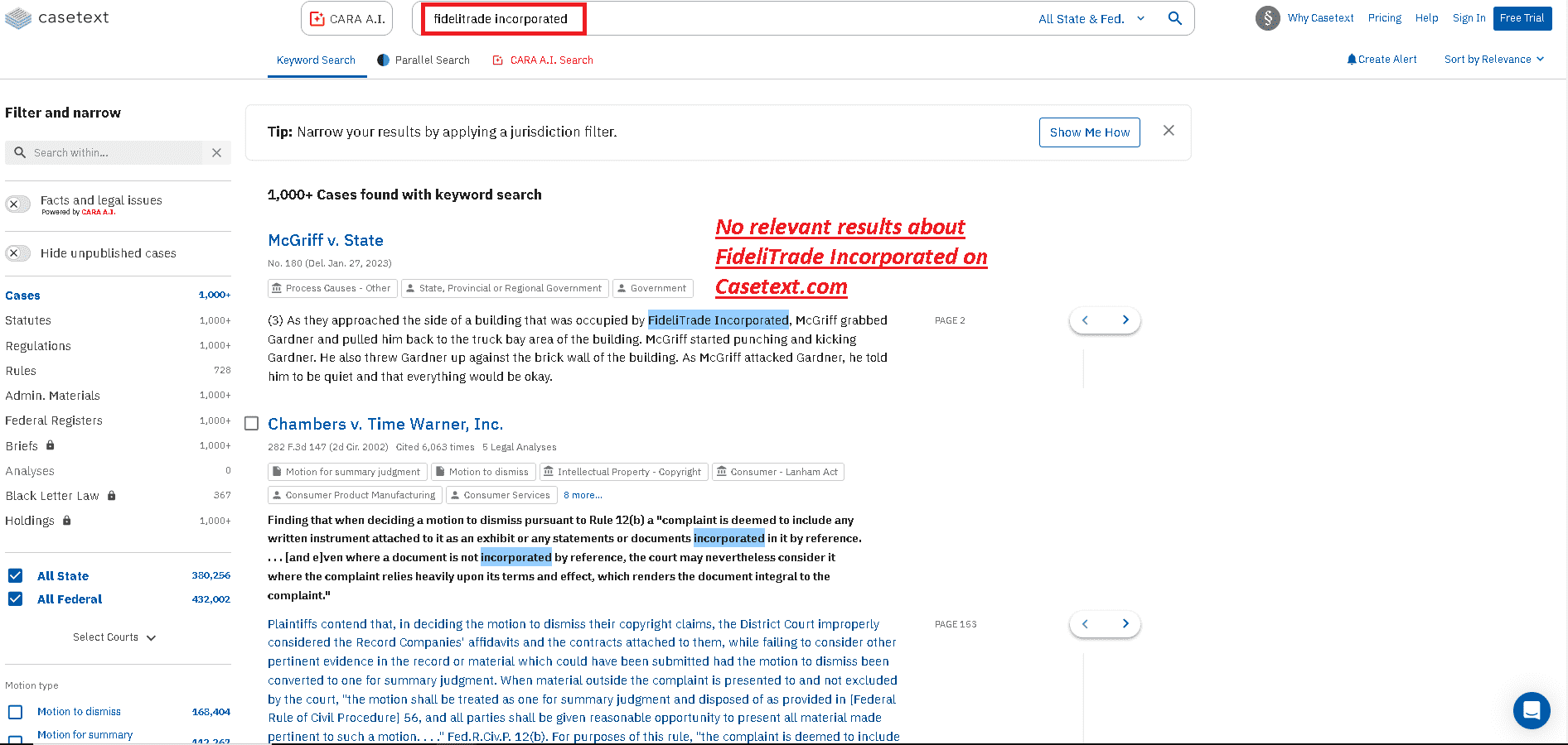 No lawsuits about FideliTrade Incorporated on Casetext.com