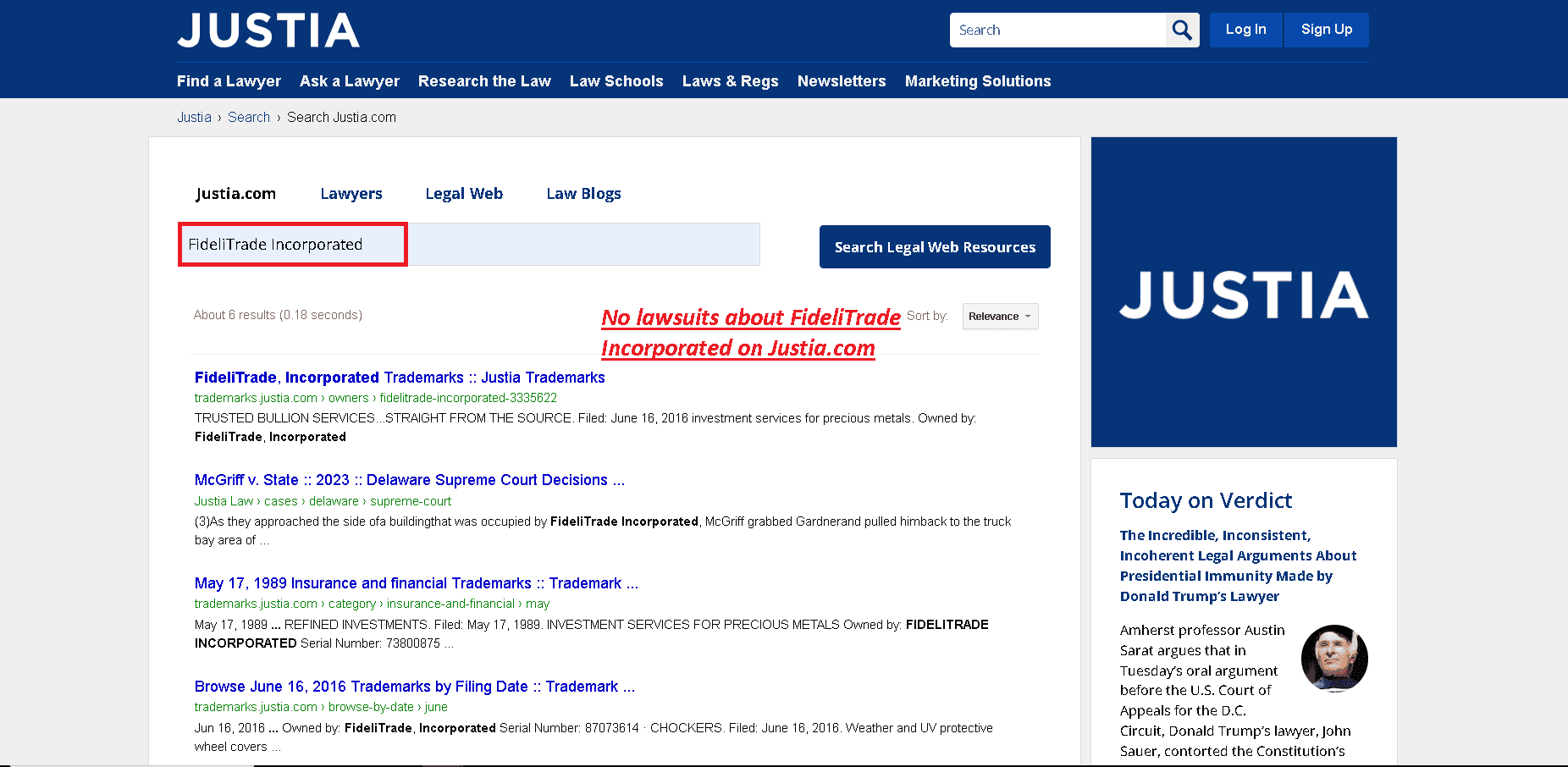 No lawsuits about FideliTrade Incorporated on Justia.com
