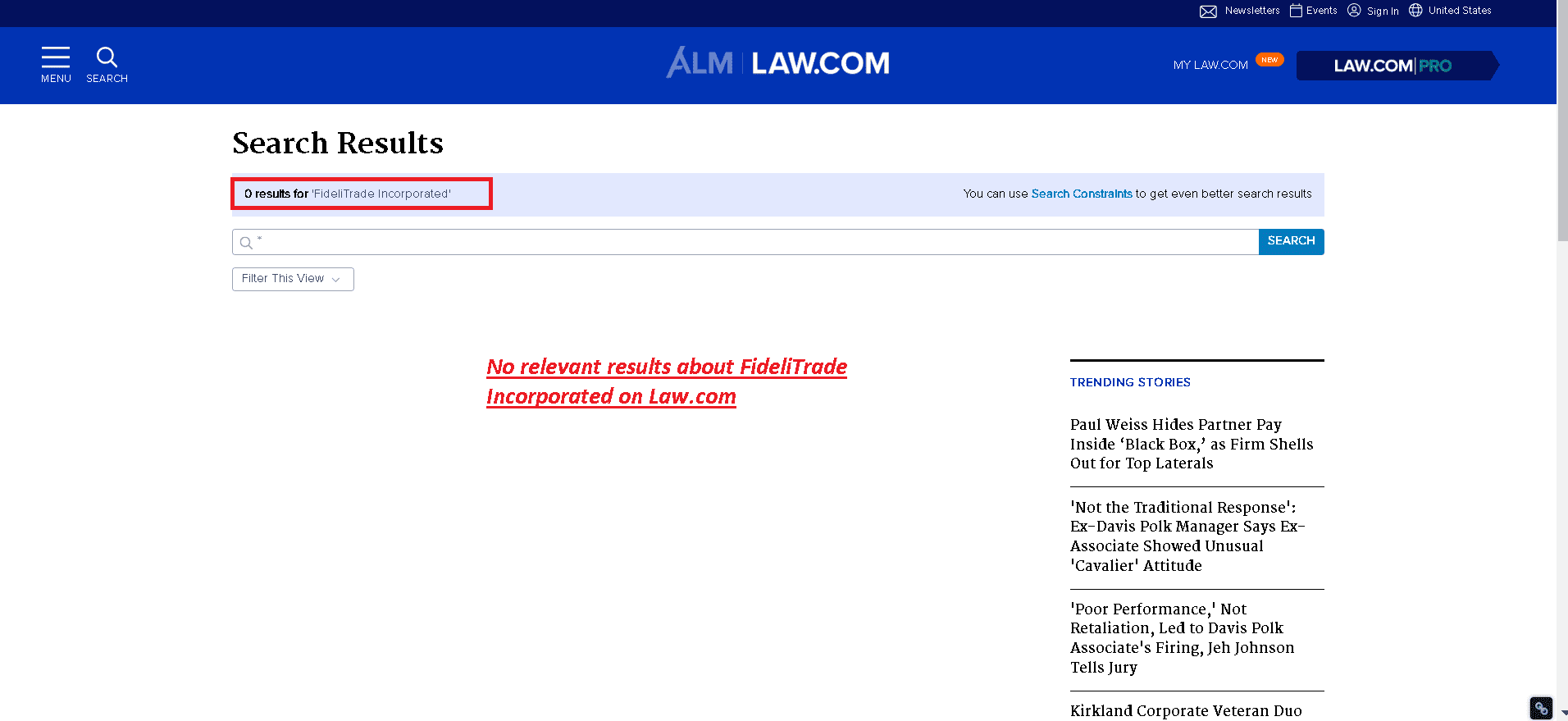 No lawsuits filed against FideliTrade Incorporated on Law.com