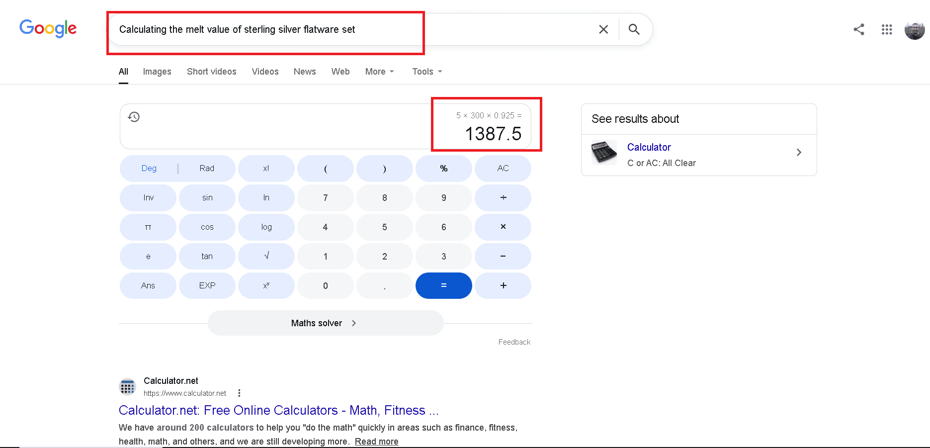 Calculating the value of sterling silver (example)