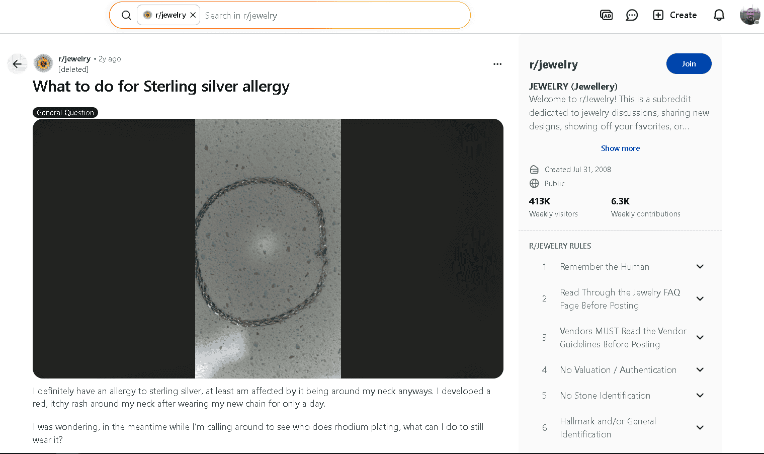 Nickel-contaminated sterling silver necklace causes problem in sensitive individual's.