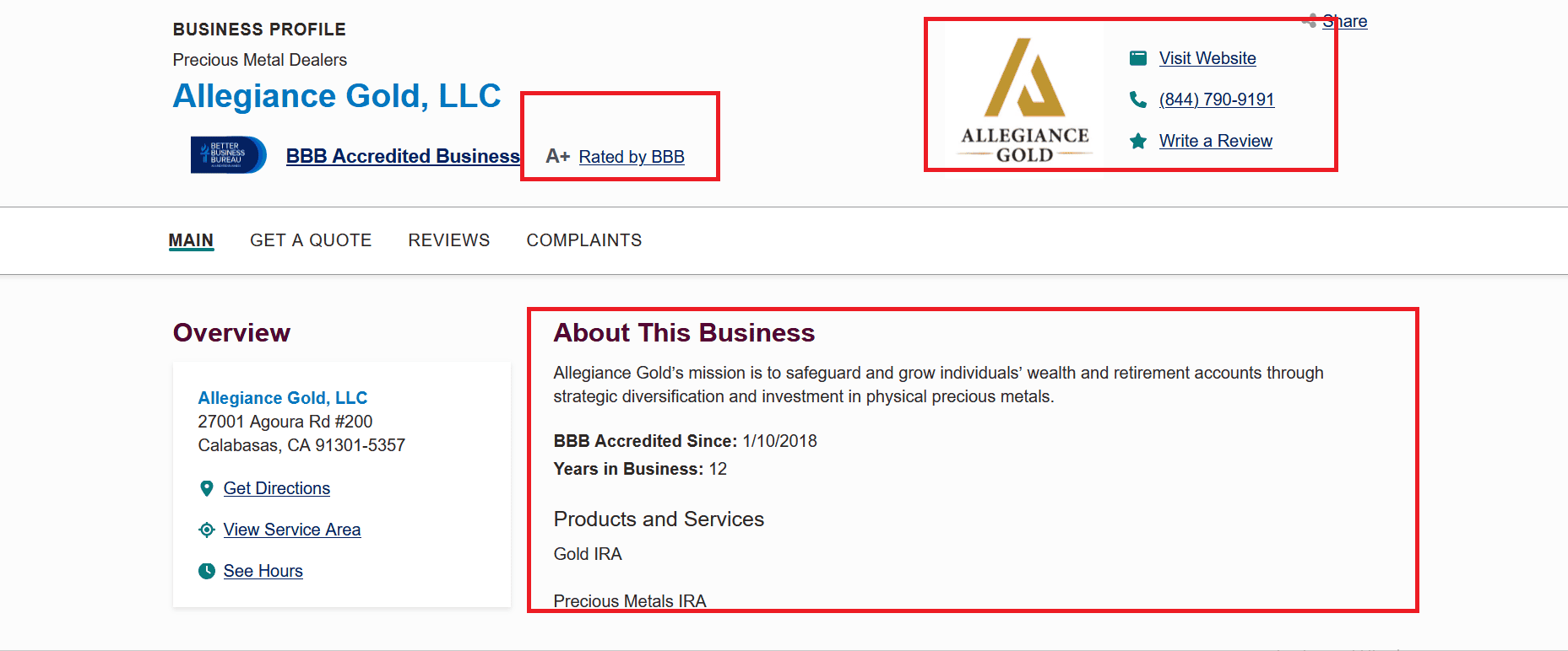Allegiance Gold BBB profile and ratings.