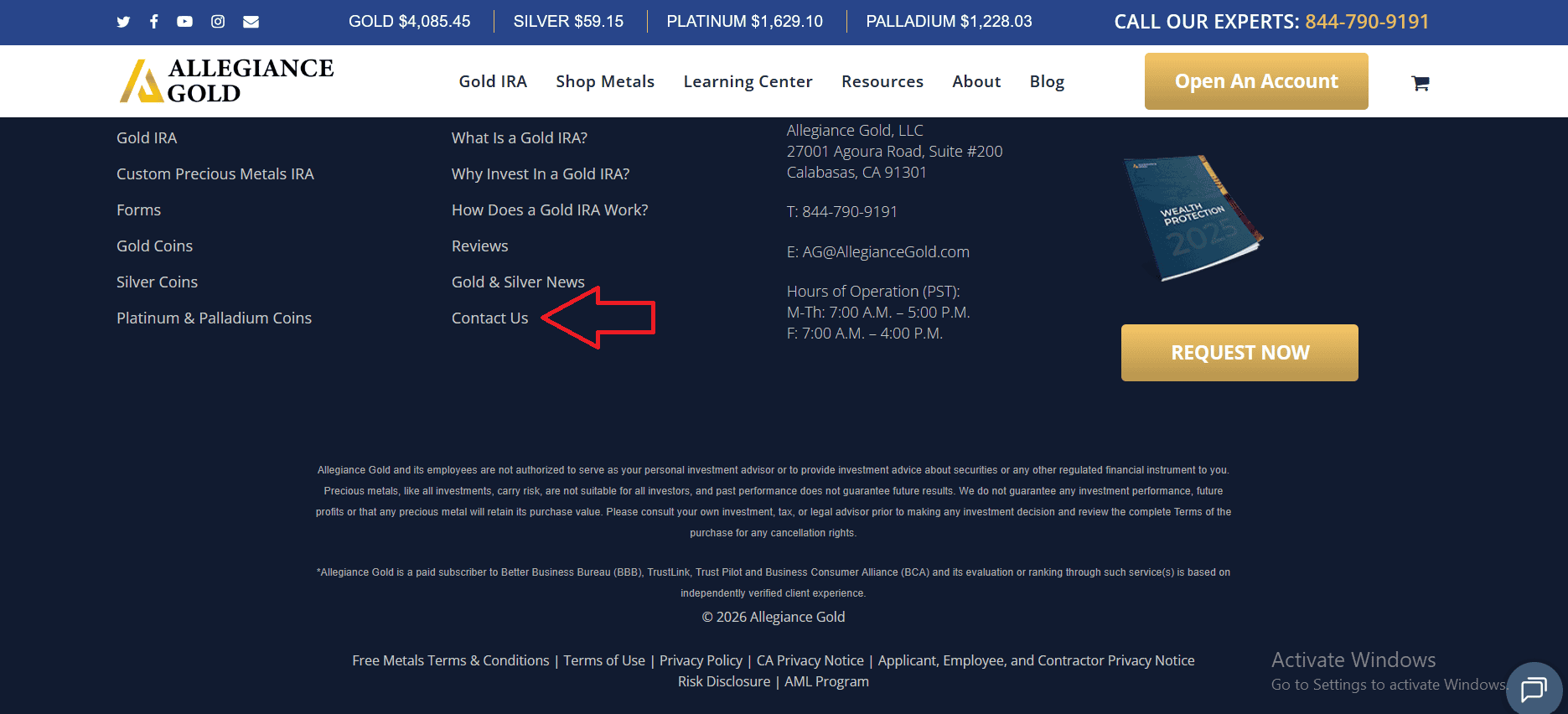 Contact link in Allegiance Gold website's footer.
