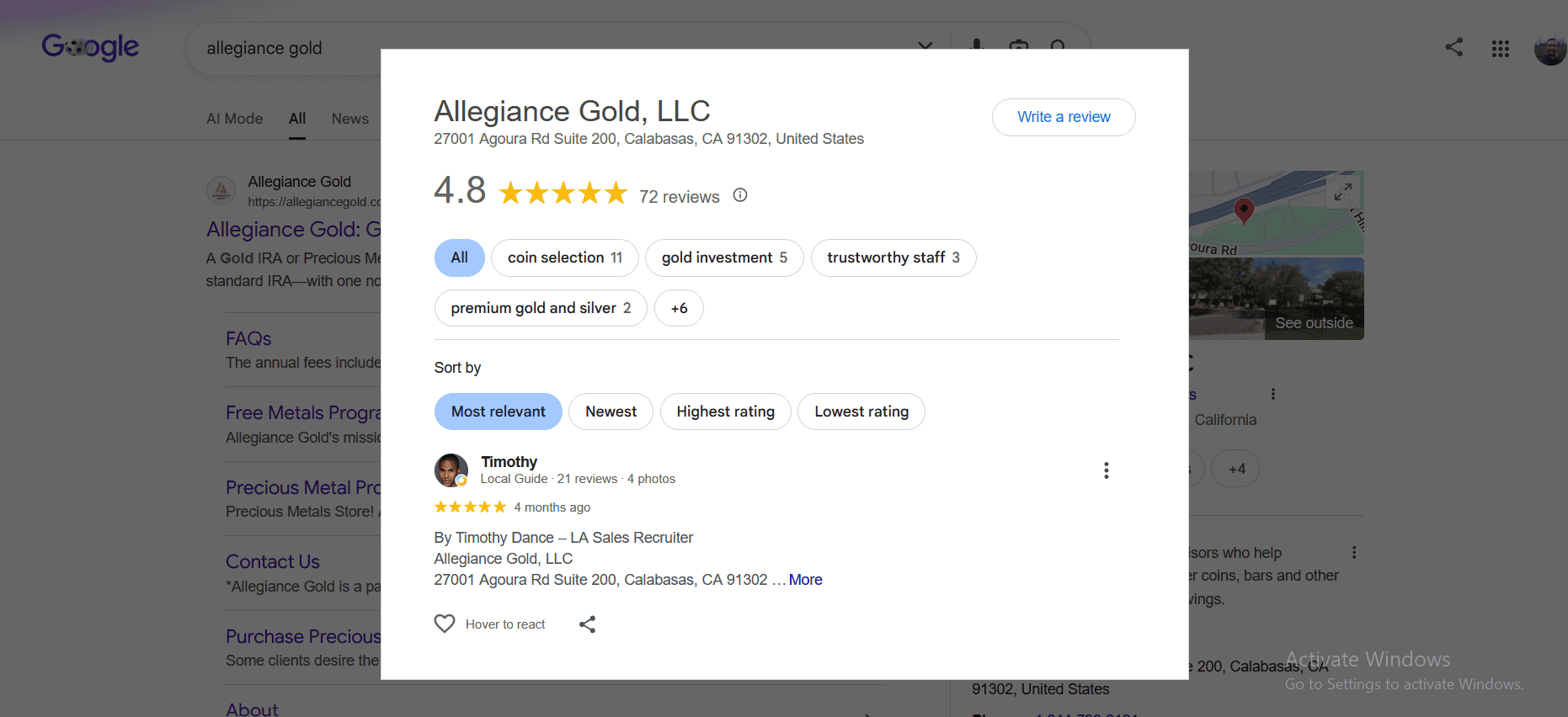 Allegiance Gold's Google Business profile and customer ratings.