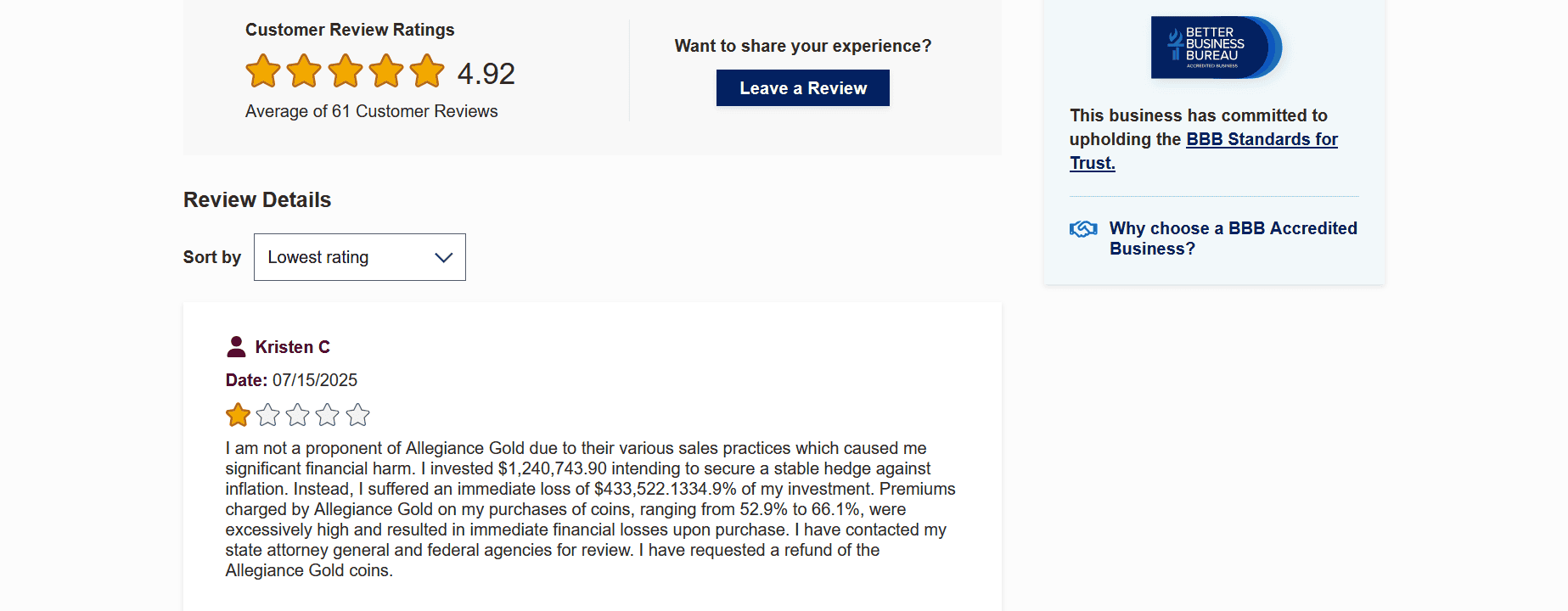 Allegiance Gold negative customer review example.