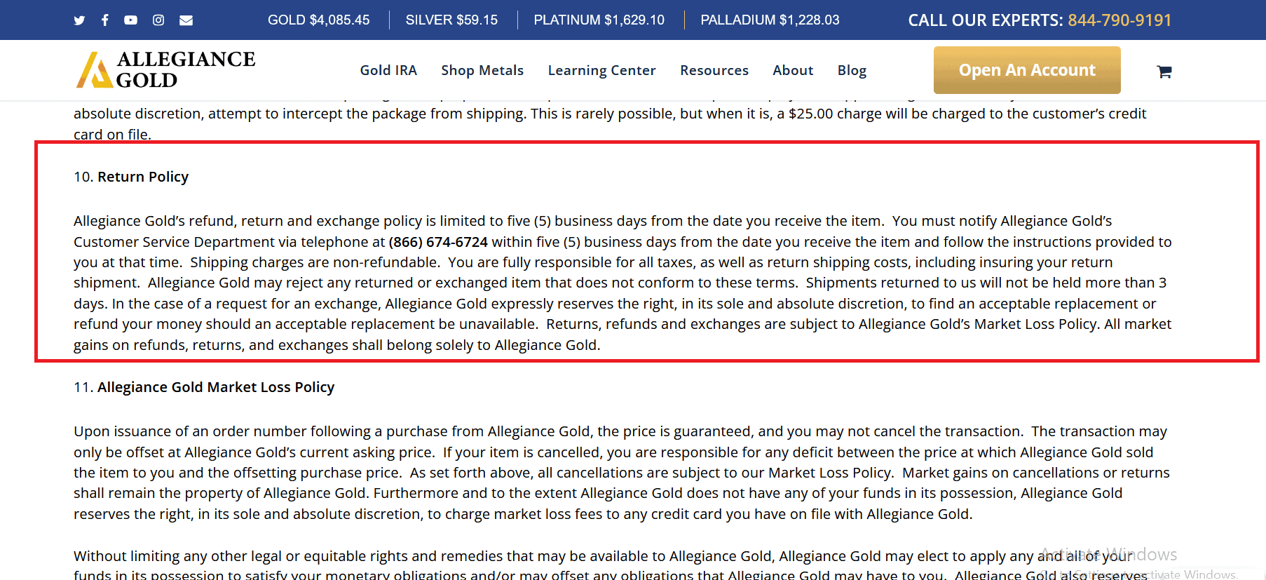 Allegiance Gold refund/return policy.