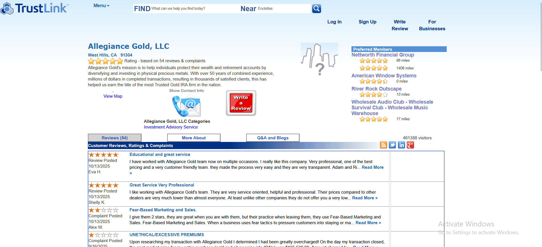 Allegiance Gold's TrustLink profile and customer ratings.