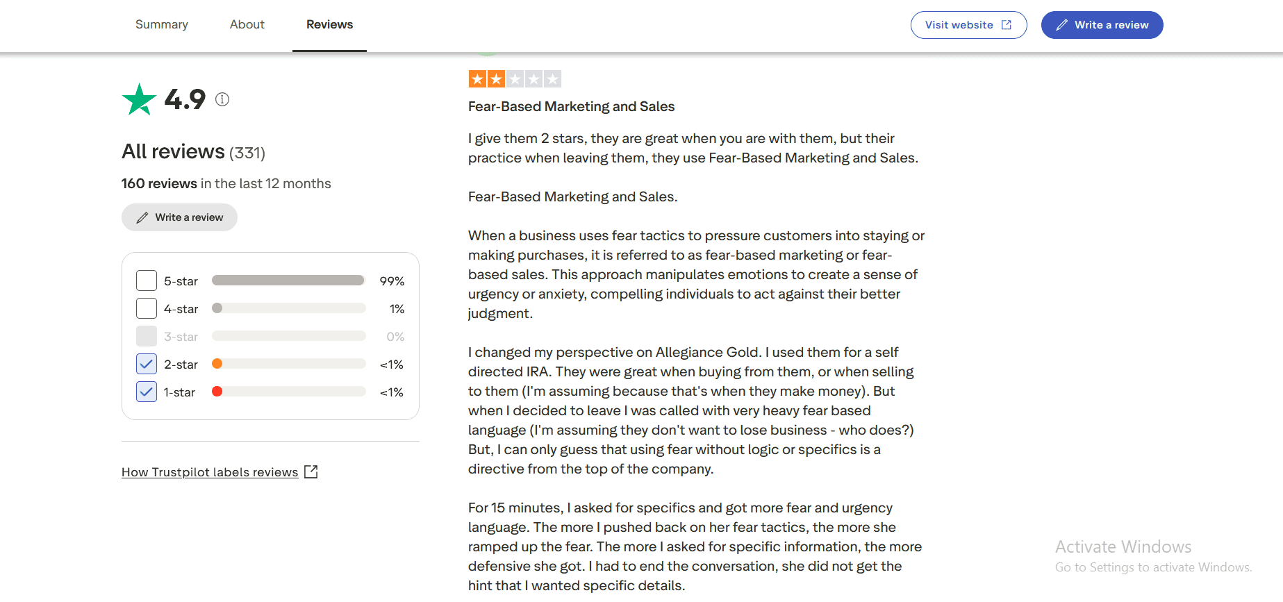 Allegiance Gold negative review on Trustpilot.