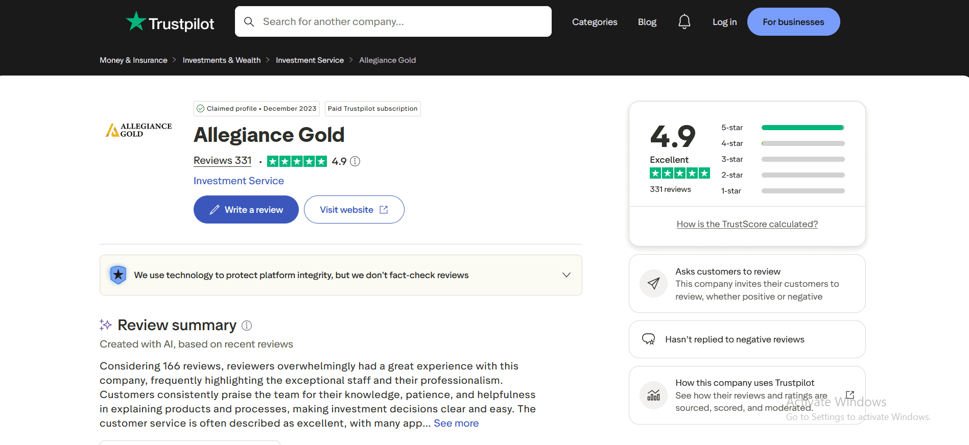 Allegiance Gold's Trustpilot profile and customer ratings.