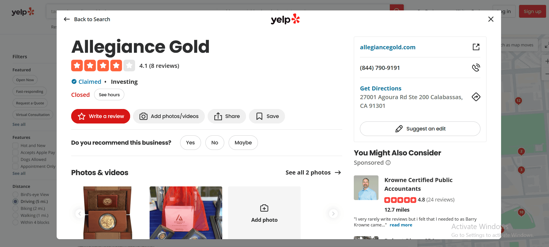 Allegiance Gold's Yelp profile and customer ratings.