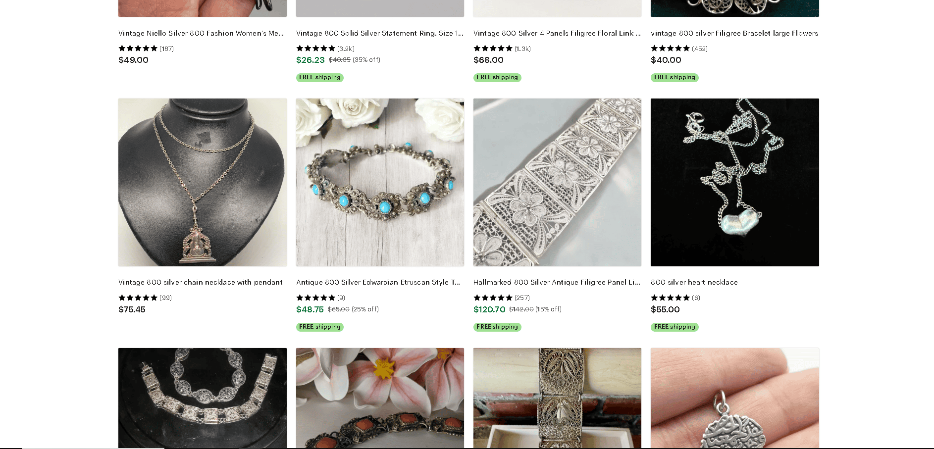 800 silver jewelry items found on Etsy.