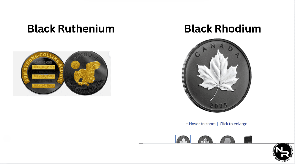 Black ruthenium and black rhodium coins side by side