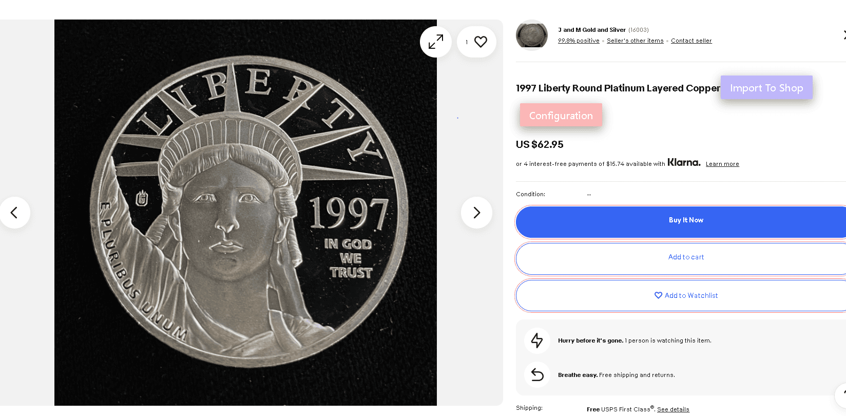 Copper coin with thin platinum plating