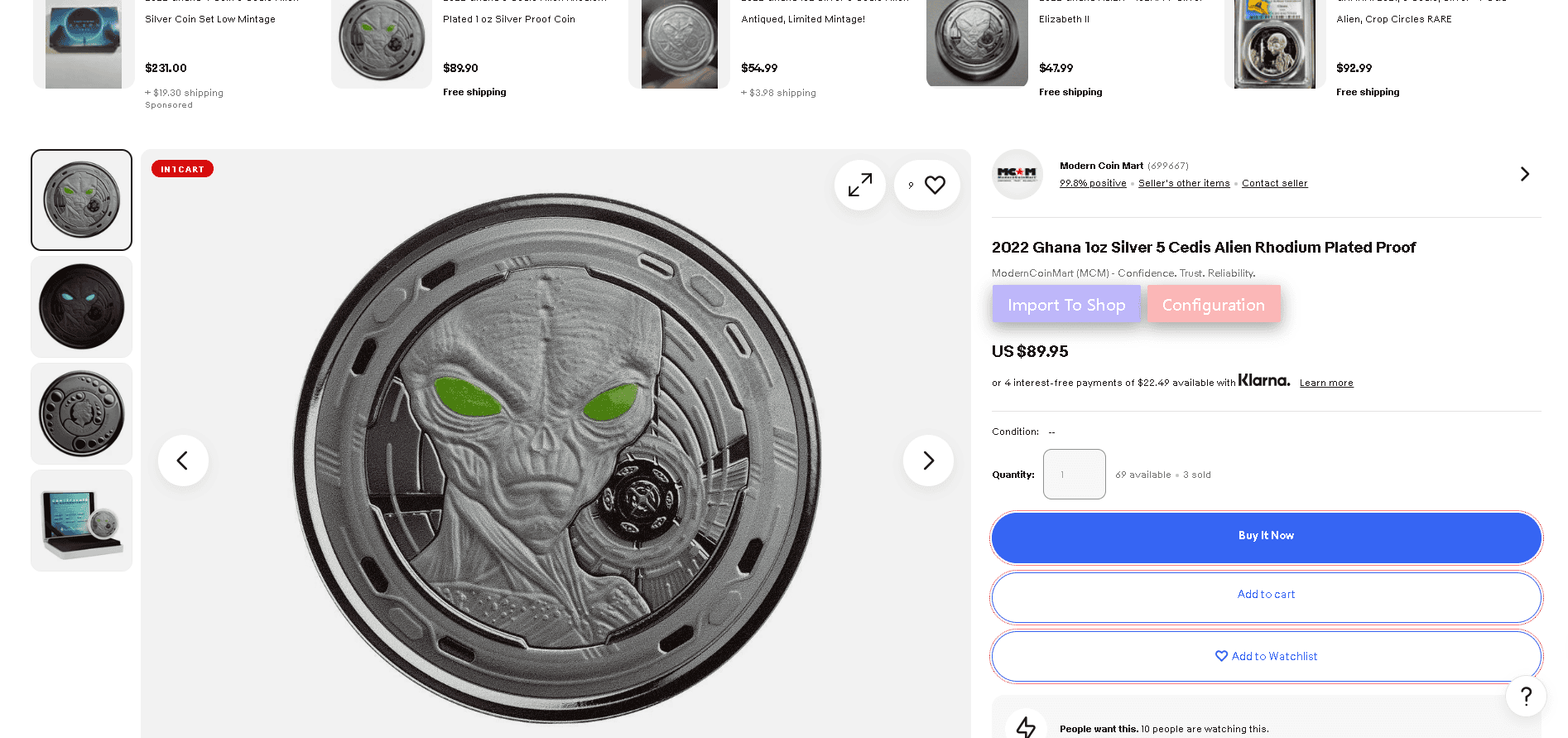 2022 Ghana 1oz Silver 5 Cedis Alien Rhodium Plated Proof