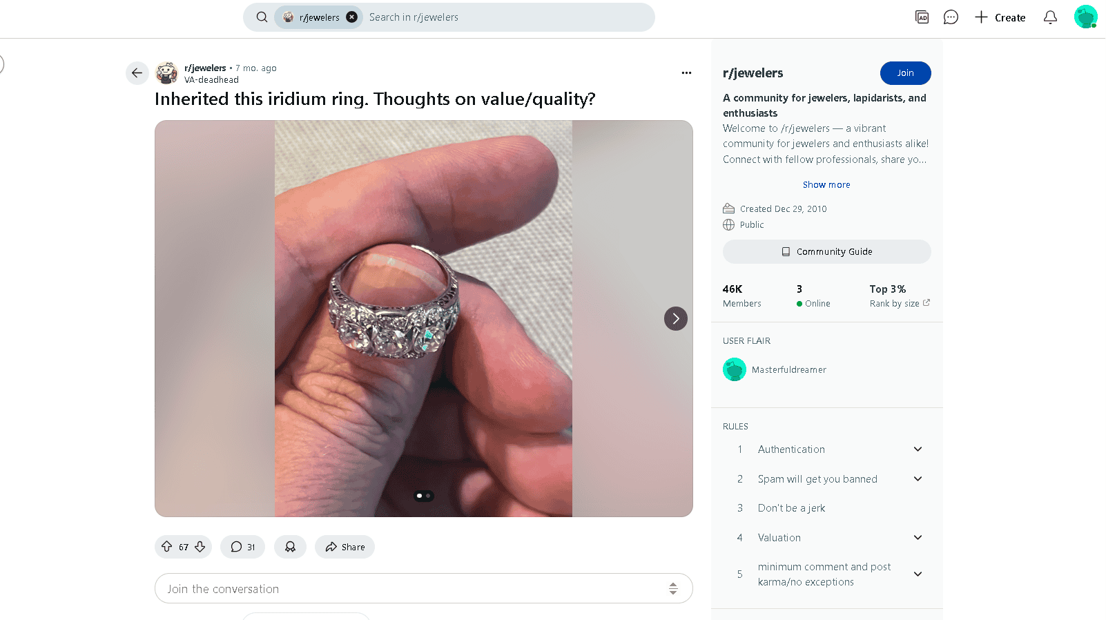 Platinum-iridium alloy ring