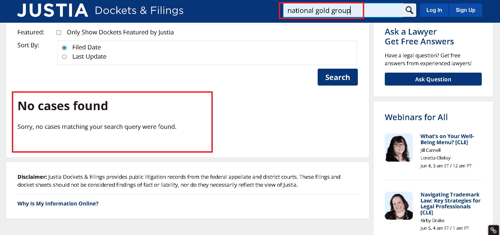 No lawsuits found against National Gold Group on Justia