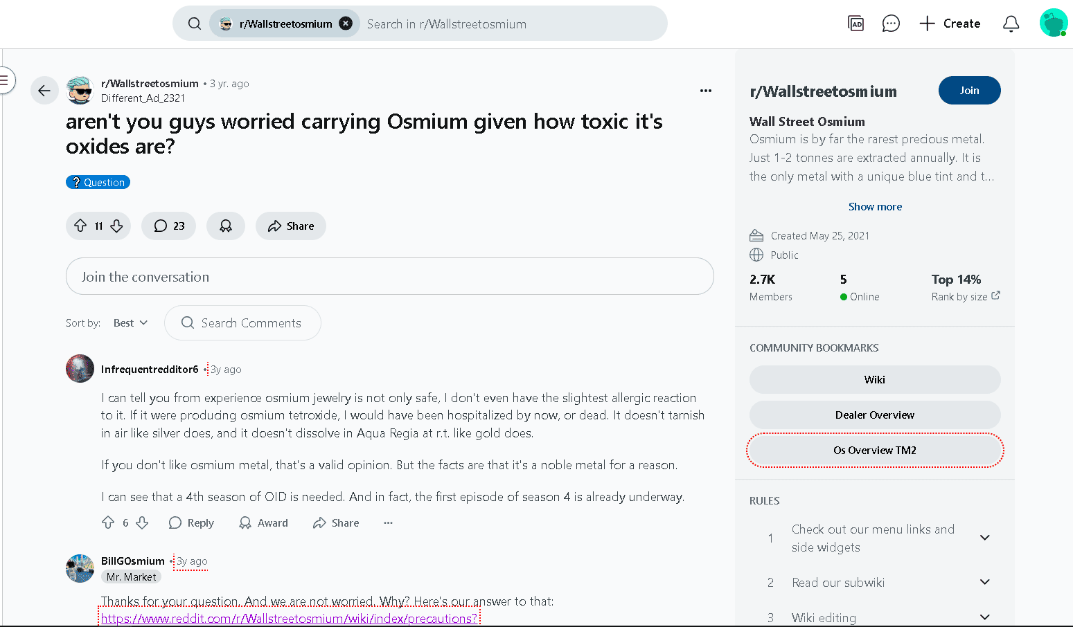 Osmium is toxic under extreme circumstances. Otherwise it's a safe metal to wear as jewelry.
