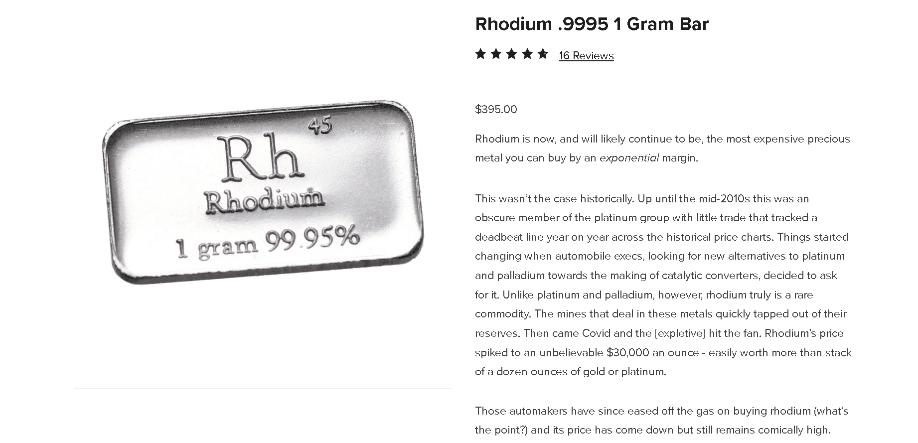Rhodium .9995 1 Gram Bar