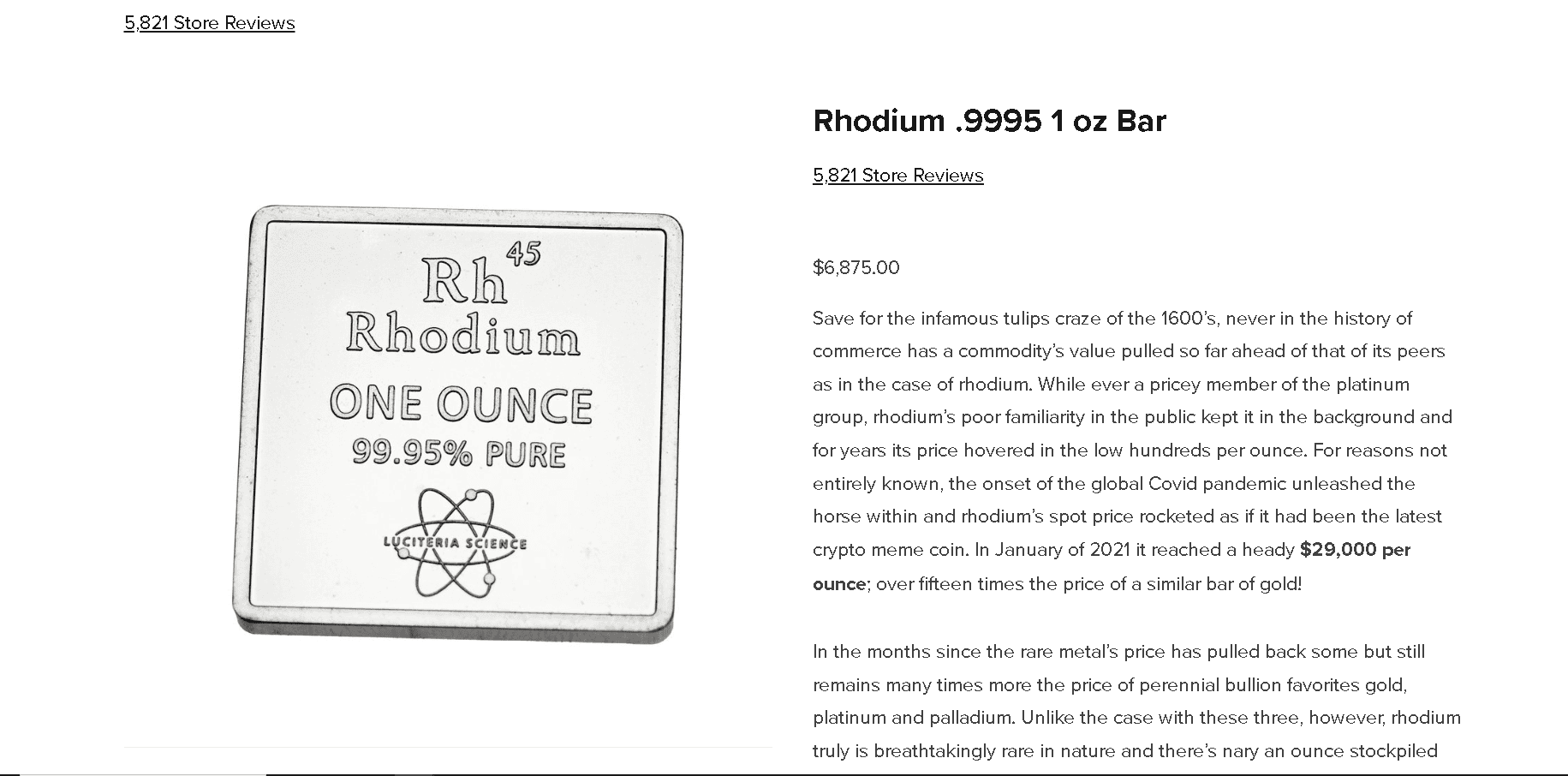 Rhodium .9995 1 oz Bar
