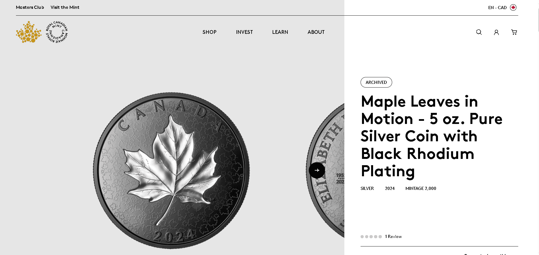 Maple Leaves in Motion - 5 oz. Pure Silver Coin with Black Rhodium Plating
