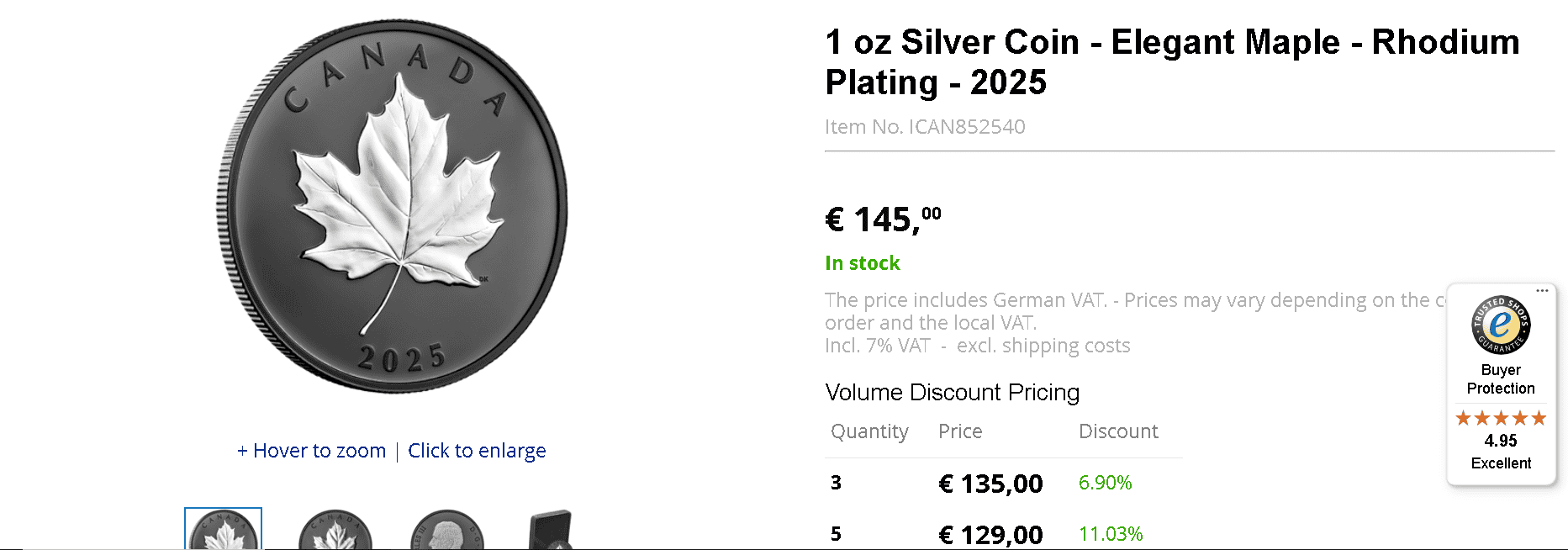 1 oz Silver Coin - Elegant Maple - Rhodium Plating