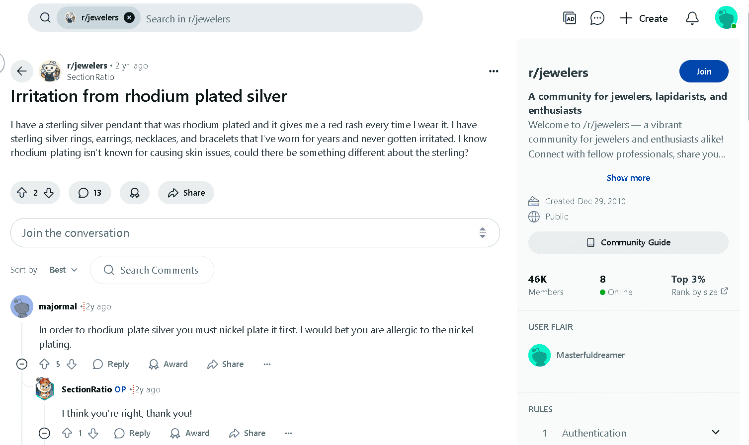 Rhodium-plated sterling silver is allergenic to some people