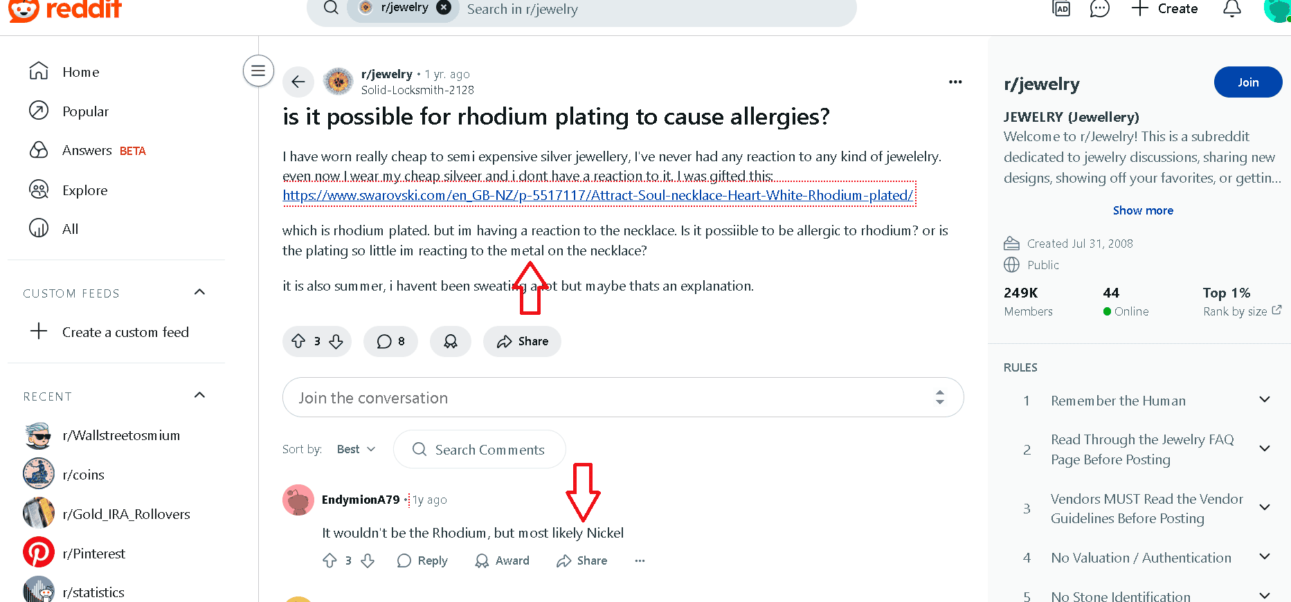 Rhodium-plated necklace caused a skin rash because the rhodium plating over nickel was too thin